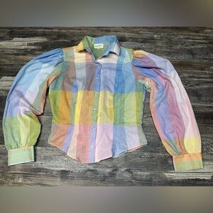 Vintage Blouse - Pastel Plaid Puff Sleeve Sheer Blouse - Women’s Large - GUC